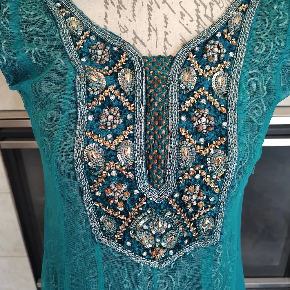 💥3/$20 Darshan Girls Green Beaded Lined Indian Dress Size 30 or Costume!